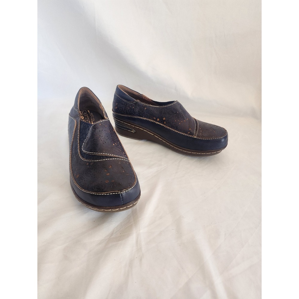 Spring Step L'Artiste Ramba Navy Leather Floral Clogs Wedge Shoes Size 38 7.5-8
